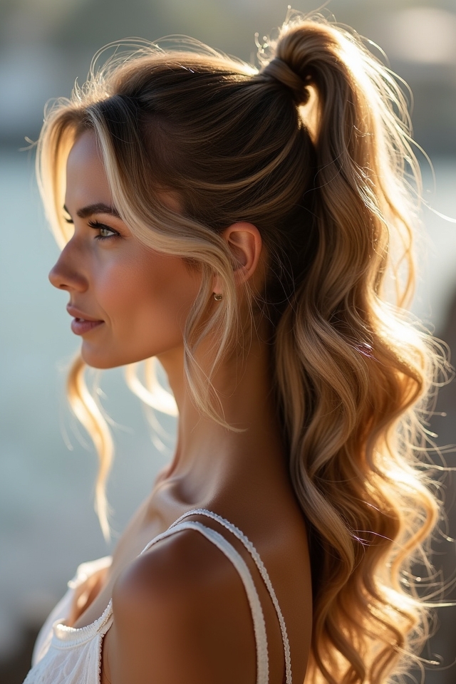 high ponytail with waves